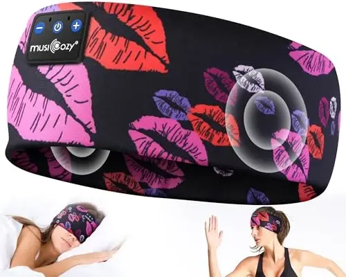 MUSICOZY Sleep Headphones Bluetooth 5.4 Headband, Wireless Earphones Music Sleep Earbuds Sleeping Eye Mask with HD Stereo Speakers for Workout Running Travel Yoga, Ideal Gifts (Rainbow Lip) - MUSICOZY