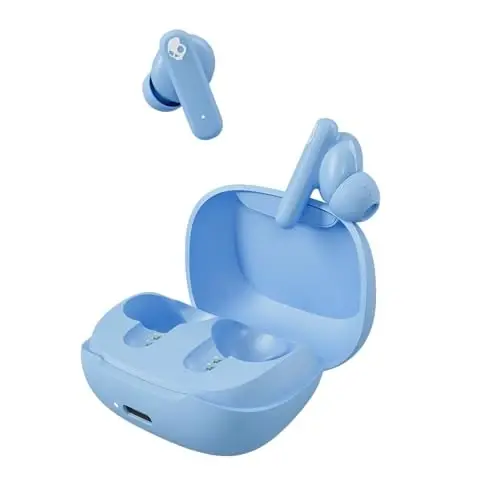 Skullcandy Smokin’ Buds Wireless Earbuds, Bluetooth Headphones, Noise Isolating Fit, Up to 20 Hours Battery, IPX4 Sweat and Water Resistant, Microphone for iPhone Android - Preppy Blue 