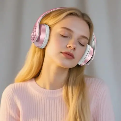 TUINYO Bluetooth Headphones Wireless, Over Ear Stereo Wireless Headset 40H Playtime with deep bass, Soft Memory-Protein Earmuffs, Built-in Mic Wired Mode PC/Cell Phones/TV- Rose Gold - 2