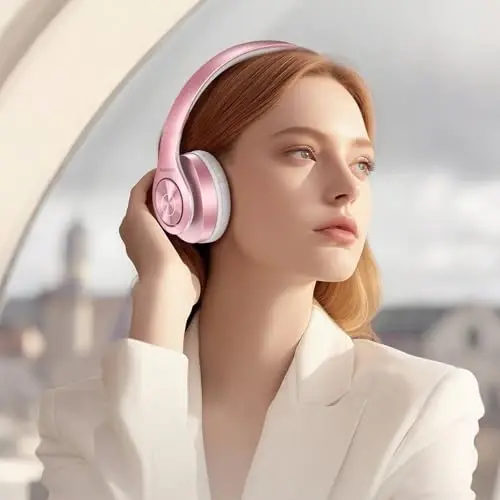 TUINYO Bluetooth Headphones Wireless, Over Ear Stereo Wireless Headset 40H Playtime with deep bass, Soft Memory-Protein Earmuffs, Built-in Mic Wired Mode PC/Cell Phones/TV- Rose Gold - 3