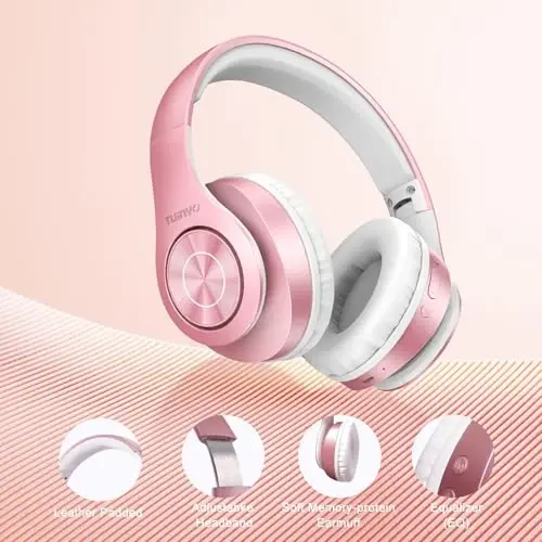 TUINYO Bluetooth Headphones Wireless, Over Ear Stereo Wireless Headset 40H Playtime with deep bass, Soft Memory-Protein Earmuffs, Built-in Mic Wired Mode PC/Cell Phones/TV- Rose Gold - 5