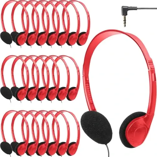Flutesan 20 Pack Headphones Bulk Libraries Wired on Ear Headphones Over The Head Earphones for Boys Girls Adults(Red) 
