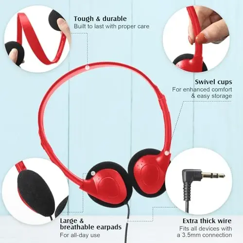 Flutesan 20 Pack Headphones Bulk Libraries Wired on Ear Headphones Over The Head Earphones for Boys Girls Adults(Red) - 2