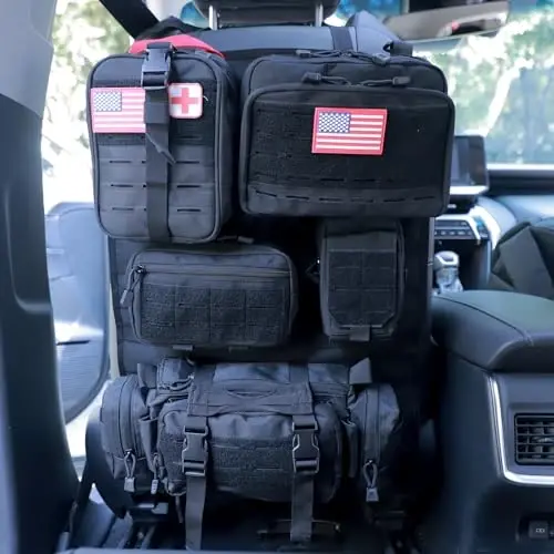 Universal Tactical Car Seat Back Organizer Bag Tactical Molle Vehicle Organizers Panel Vehicle Protector Organizers with 5 Detachable Pouches for Car Truck Ford Jeep (Upgraded D model Black) - BXBXHD