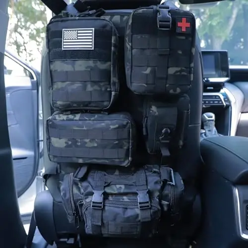 Universal Tactical Car Seat Back Organizer Bag Tactical Molle Vehicle Organizers Panel Vehicle Protector Organizers with 5 Detachable Pouches for Car Truck Ford Jeep (Black camo) - BXBXHD