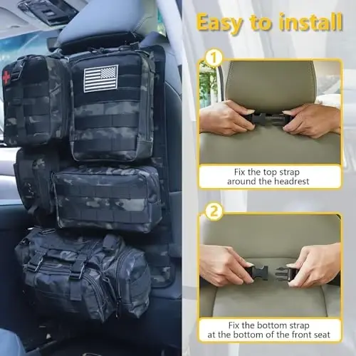 Universal Tactical Car Seat Back Organizer Bag Tactical Molle Vehicle Organizers Panel Vehicle Protector Organizers with 5 Detachable Pouches for Car Truck Ford Jeep (Black camo) - 4