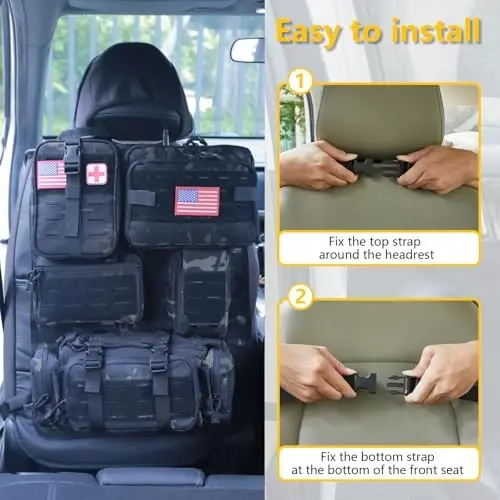 Universal Tactical Car Seat Back Organizer Bag Tactical Molle Vehicle Organizers Panel Vehicle Protector Organizers with 5 Detachable Pouches for Car Truck Ford Jeep (Upgraded D model Black camo) - 3