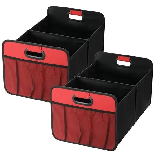 Simple Deluxe Car Trunk Organizer, 2 Compartments Collapsible Trunk Storage, Anti-slip Design, Made of Waterproof 600D Oxford Polyester, Suitable for SUV, Minivan, Standard Size, Red, 2 Pack 