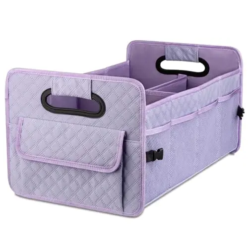 Car Trunk Organizer for SUV, Collapsible Car Storage Organizer Light Purple | Sturdy, Large Capacity, Diamond Decor, Multi Compartment Container Box Adjustable Car Accessories for Sedan Truck 