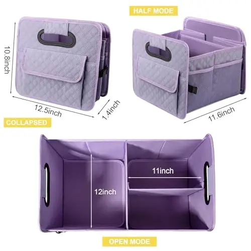 Car Trunk Organizer for SUV, Collapsible Car Storage Organizer Light Purple | Sturdy, Large Capacity, Diamond Decor, Multi Compartment Container Box Adjustable Car Accessories for Sedan Truck - 5