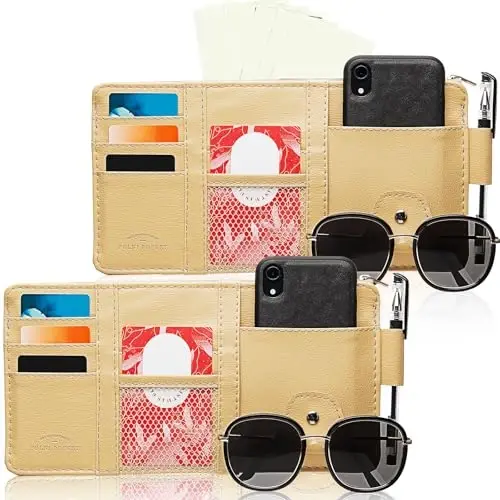 Boao 2 Packs Car Sun Visor Organizer, Sunglasses Holders for Car Sun Visor PU Auto Interior Accessories Storage Travel Document Holder with Multi Pocket (Beige, 12.2 x 6.1 Inches) - 1
