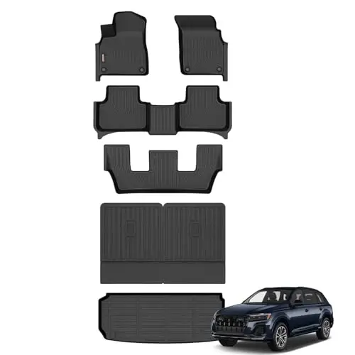Binmotor-All Weather Car Floor Mats Cargo Liner Set for Audi Q7/SQ7 2020-2025 2026(Not for 5 Seats), 2 Rows with Cargo Mat TPE Liners for Audi Q7 Accessories Trunk Mat-Black - 1