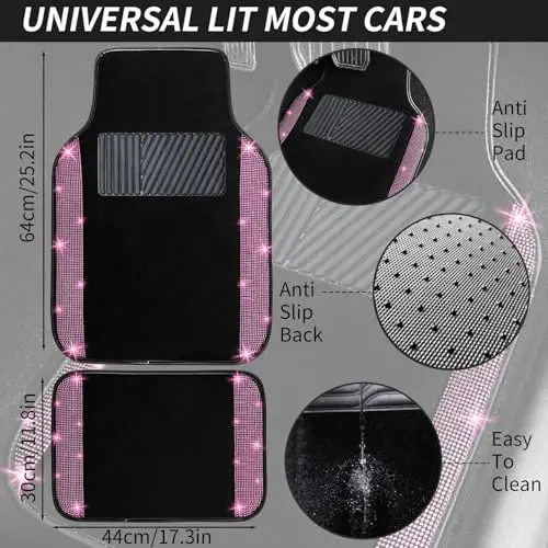 NBTEPEM Bling Car Floor Mats Full Set and Steering Wheel Cover, Universal Fit Most Cars, 4 pcs Sparkle Glitter Diamond Carpet, 5 pcs Bling Car Accessories Set for Women (Pink Diamond) - 4