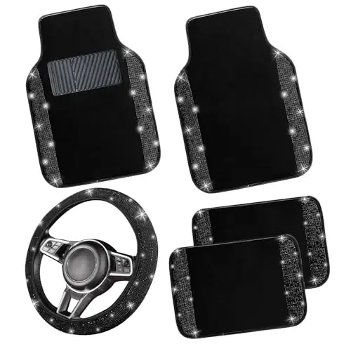 NBTEPEM Bling Car Floor Mats Full Set and Steering Wheel Cover, Universal Fit Most Cars, 4 pcs Sparkle Glitter Diamond Carpet, 5 pcs Bling Car Accessories Set for Women (Black Diamond) - 1