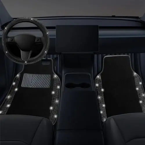NBTEPEM Bling Car Floor Mats Full Set and Steering Wheel Cover, Universal Fit Most Cars, 4 pcs Sparkle Glitter Diamond Carpet, 5 pcs Bling Car Accessories Set for Women (Black Diamond) - NBTEPEM (1)