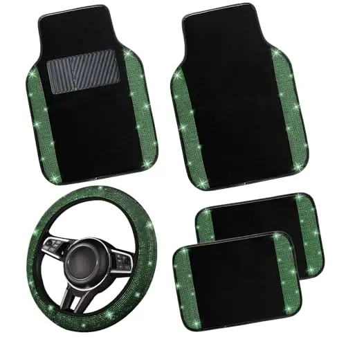 NBTEPEM Bling Car Floor Mats Full Set and Steering Wheel Cover, Universal Fit Most Cars, 4 pcs Sparkle Glitter Diamond Carpet, 5 pcs Bling Car Accessories Set for Women (Green Diamond) - 1