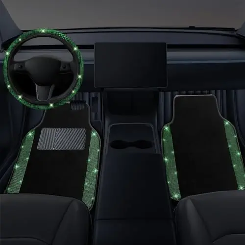 NBTEPEM Bling Car Floor Mats Full Set and Steering Wheel Cover, Universal Fit Most Cars, 4 pcs Sparkle Glitter Diamond Carpet, 5 pcs Bling Car Accessories Set for Women (Green Diamond) - 2