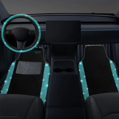 NBTEPEM Bling Car Floor Mats Full Set and Steering Wheel Cover, Universal Fit Most Cars, 4 pcs Sparkle Glitter Diamond Carpet, 5 pcs Bling Car Accessories Set for Women (Aquamarine Diamond) - NBTEPEM (1)