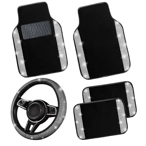 NBTEPEM Bling Car Floor Mats Full Set and Steering Wheel Cover, Universal Fit Most Cars, 4 pcs Sparkle Glitter Diamond Carpet, 5 pcs Bling Car Accessories Set for Women (Silver Diamond) - 1