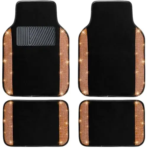 NBTEPEM Bling Car Floor Mats Full Set, Universal Fit Most Cars,SUV, Trucks, 4 pcs Sparkle Glitter Diamond Carpet for Women Girls with Anti-Slip Pad (Orange Diamond) - 1