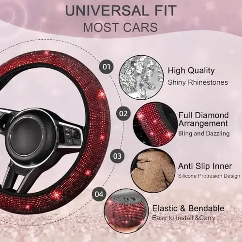 NBTEPEM Bling Car Floor Mats Full Set and Steering Wheel Cover, Universal Fit Most Cars, 4 pcs Sparkle Glitter Diamond Carpet, 5 pcs Bling Car Accessories Set for Women (Red Diamond) - 5
