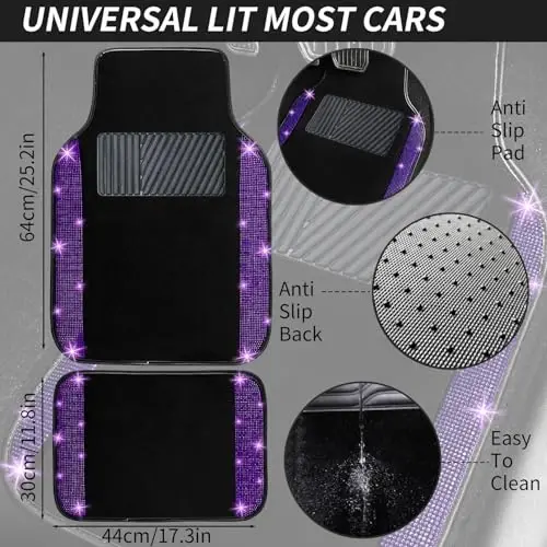 NBTEPEM Bling Car Floor Mats Full Set and Steering Wheel Cover, Universal Fit Most Cars, 4 pcs Sparkle Glitter Diamond Carpet, 5 pcs Bling Car Accessories Set for Women (Purple Violet Diamond) - 4