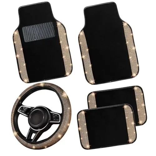 NBTEPEM Bling Car Floor Mats Full Set and Steering Wheel Cover, Universal Fit Most Cars, 4 pcs Sparkle Glitter Diamond Carpet, 5 pcs Bling Car Accessories Set for Women (Champagne Diamond) 