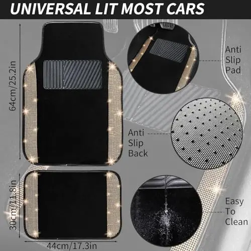 NBTEPEM Bling Car Floor Mats Full Set and Steering Wheel Cover, Universal Fit Most Cars, 4 pcs Sparkle Glitter Diamond Carpet, 5 pcs Bling Car Accessories Set for Women (Champagne Diamond) - 4