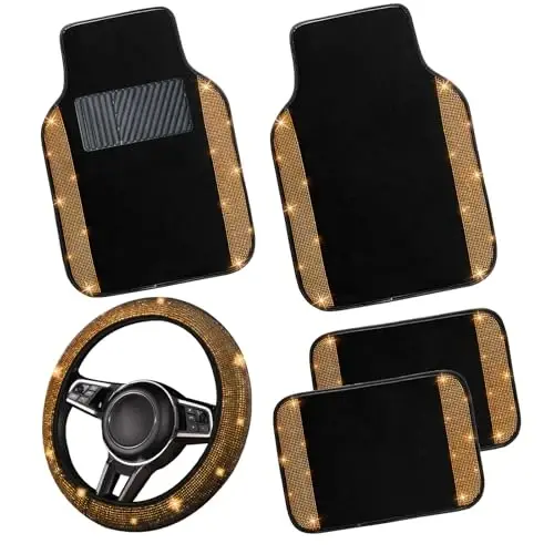 NBTEPEM Bling Car Floor Mats Full Set and Steering Wheel Cover, Universal Fit Most Cars, 4 pcs Sparkle Glitter Diamond Carpet, 5 pcs Bling Car Accessories Set for Women (Orange Diamond) - 1