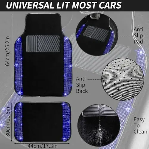 NBTEPEM Bling Car Floor Mats Full Set and Steering Wheel Cover, Universal Fit Most Cars, 4 pcs Sparkle Glitter Diamond Carpet, 5 pcs Bling Car Accessories Set for Women (Blue Diamond) - 4