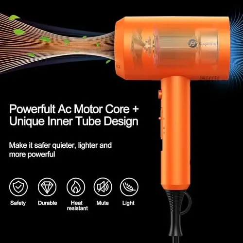 Slopehill Professional Ionic Hair Dryer, Powerful 1800W Fast Drying Low Noise Blow Dryer with 2 Concentrator Nozzle 1 Diffuser AttacModazoneents for Home Salon Travel (Cosmic Orange) - 2