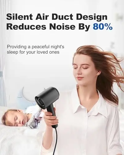 7MAGIC Hair Dryer, 11,0000RPM Brushless Motor for Fast Drying, 1400W High-Speed Blow Dryer with Tri-Colour LED Light Ring, Low Noise Ionic Hair Dryer for Home and Travel, Magnetic Nozzle, Grey - 2