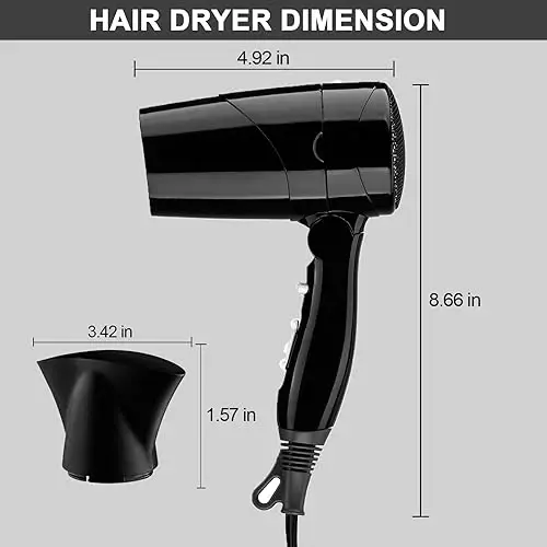 Travel Compact Hair Dryer, 1875W Lightweight Blow Dryer with Detachable Handle, 1 Nozzle, 2 Heat Settings, 2 Speed Slide Switch, Cool Shot Button, Fast Drying for Family, Student (Black) - 2