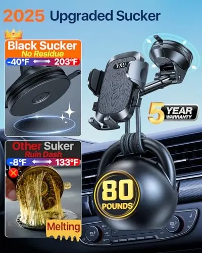 YRU True Upgrade for Safety Car Phone Holder Mount Patent & Military-Grade Dashboard Cell Phone Holder for Car Vent Windshield Phone Stand for iPhone 17 16 15 14 13 Pro Max Truck Samsung, Matte Black - 2