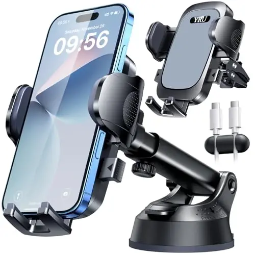 YRU [True Upgrade for Safety] Car Phone Holder Mount [Patent & Military-Grade] Dashboard Cell Phone Holder for Car Vent Windshield Phone Stand for iPhone 17 16 15 14 13 Pro Max Truck Samsung (Grey) 