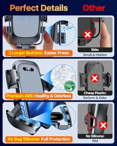 YRU [True Upgrade for Safety] Car Phone Holder Mount [Patent & Military-Grade] Dashboard Cell Phone Holder for Car Vent Windshield Phone Stand for iPhone 17 16 15 14 13 Pro Max Truck Samsung (Grey) - 5