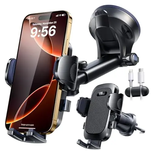 YRU True Military-Grade [360° Rotation Suction] 2026 Ultimate Car Phone Holder Mount 【90+LBS Safest Strongest & Patent Certs】 Dashboard Windshield Vent for iPhone 17 16 Pro Max Samsung, Matt Black - 1