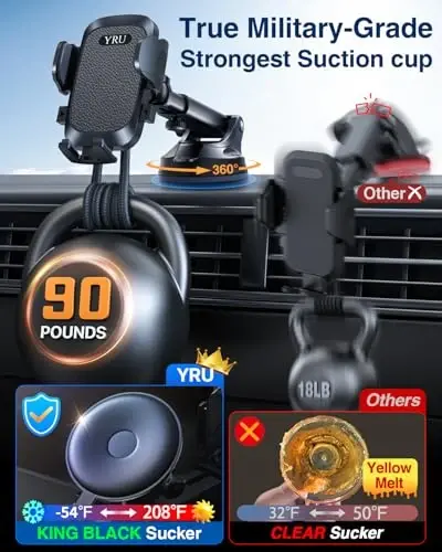YRU True Military-Grade [360° Rotation Suction] 2026 Ultimate Car Phone Holder Mount 【90+LBS Safest Strongest & Patent Certs】 Dashboard Windshield Vent for iPhone 17 16 Pro Max Samsung, Matt Black - 2