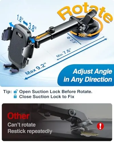 YRU True Military-Grade [360° Rotation Suction] 2026 Ultimate Car Phone Holder Mount 【90+LBS Safest Strongest & Patent Certs】 Dashboard Windshield Vent for iPhone 17 16 Pro Max Samsung, Matt Black - 4