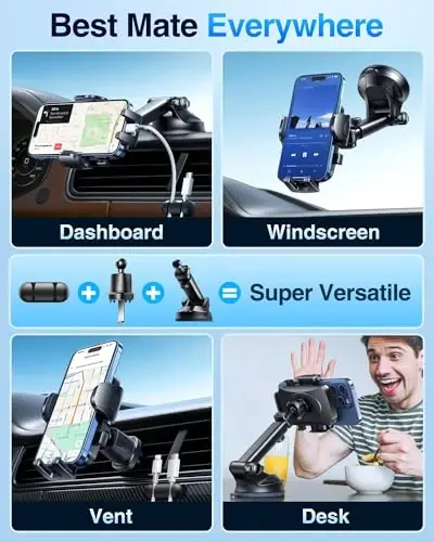 YRU True Military-Grade [360° Rotation Suction] 2026 Ultimate Car Phone Holder Mount【90+LBS Safest Strongest & Patent Certs】 Dash Windshield for iPhone 17 16 Pro Max Speakerphones, Light Gray - YRU (1)