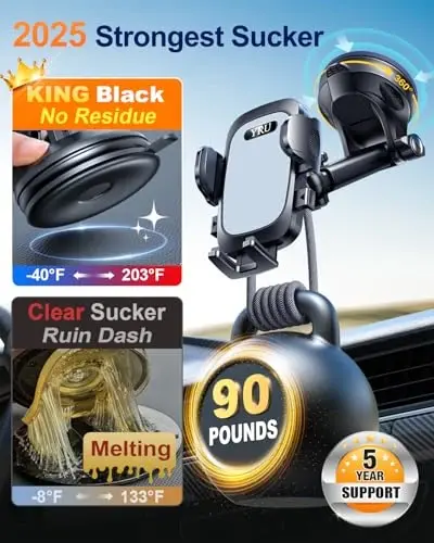YRU True Military-Grade [360° Rotation Suction] 2026 Ultimate Car Phone Holder Mount【90+LBS Safest Strongest & Patent Certs】 Dash Windshield for iPhone 17 16 Pro Max Speakerphones, Light Gray - 3