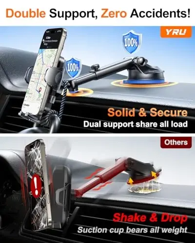 YRU True Military-Grade [360° Rotation Suction] 2026 Ultimate Car Phone Holder Mount【90+LBS Safest Strongest & Patent Certs】 Dash Windshield for iPhone 17 16 Pro Max Speakerphones, Light Gray - 4