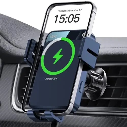 Wireless Car Charger, MOKPR Auto-Clamping Car Mount 15W/10W/7.5W Fast Charging Air Vent Car Phone Mount Compatible with iPhone 15/14/13/13 Pro/12 Pro Max/12 pro/12/11/10 Series, Samsung Galaxy Series - 1