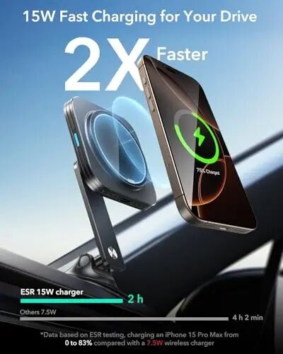 ESR for 15W MagSafe Car Mount Charger, Universal Dashboard/Tesla MagSafe Car Charger, Magnetic Wireless Charging, Adjustable Car Phone Holder for iPhone 17e/17/16/15/14/13/12, S26/S25, Pixel 10, Black - 2