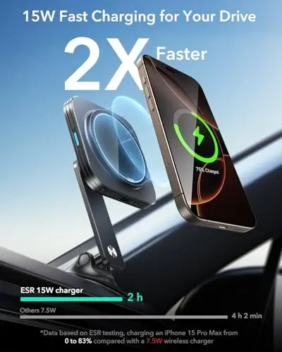 ESR for 15W MagSafe Car Mount Charger, Universal Dashboard/Tesla MagSafe Car Charger, Magnetic Wireless Charging, Adjustable Car Phone Holder for iPhone 17e/17/16/15/14/13/12, S26/S25, Pixel 10, Black - 2