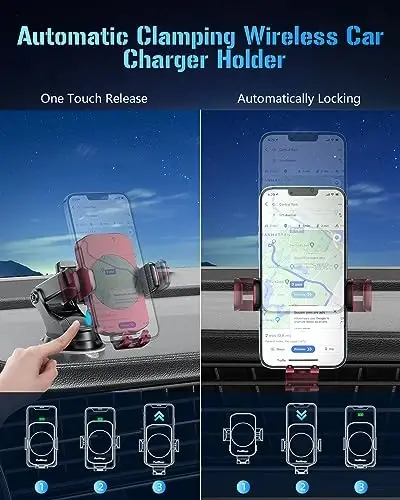 BothLin 3-in-1 Wireless Car Charger Mount, 15W Fast Charging Auto-Clamping Phone Holder for iPhone 17 16 15 14, Samsung Galaxy S24 S23, Dashboard, Vent & Windshield Car Mount(Deep Red) - 6