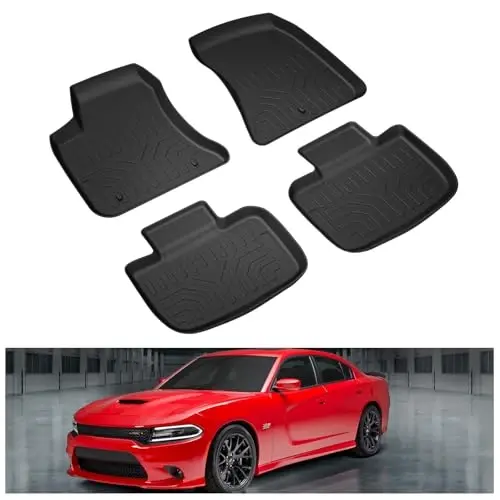 Kiwi Master Floor Mats for 2011-2023 Dodge Charger RWD/Chrysler 300 RWD | Custom Fit All Weather Car Mats, Heavy Duty TPE Floor Liners, Front & Rear 2 Row Set, Black 