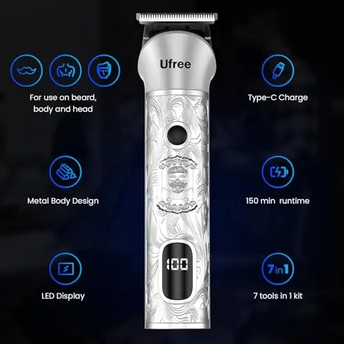 Ufree 7-in-1 Beard Trimmer for Men, Electric Razor Shaver, Men Grooming Kit | 1-10 mm Adjustable Comb for All Mustache Lengths, Type-C, LED Display, Versatile Use on Sideburns, Body, Nose Hair, Men Gift - 6