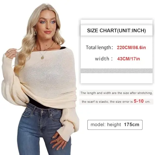 EUBUY Women Autumn Winter Scarf Wrap with Sleeve, Lady Fashion Solid Color Knitted Wrap Scarf Knitted Shawl Cape with Sleeve - 2