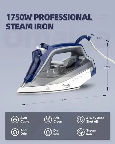 OMAIGA Steam Iron for clothes - 1750W Clothes Iron with Non-Stick Ceramic Soleplate, Powful Steam, 3-Way Auto-Off, Self-Cleaning, Anti-Calc, 13.52oz Water Tank Ironing Clothes for Home - 2